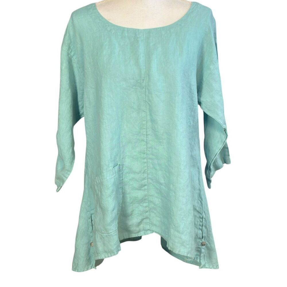 Click Color Me Cotton Linen Tunic Top Size Medium Coastal Aqua Flowy Beachy